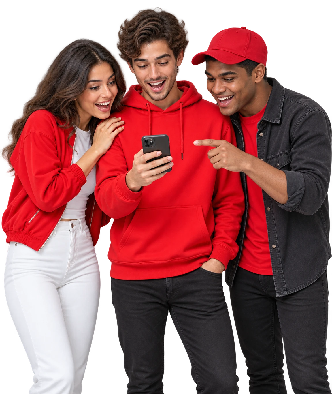 Three enthusiastic young talents discovering a creation on a phone